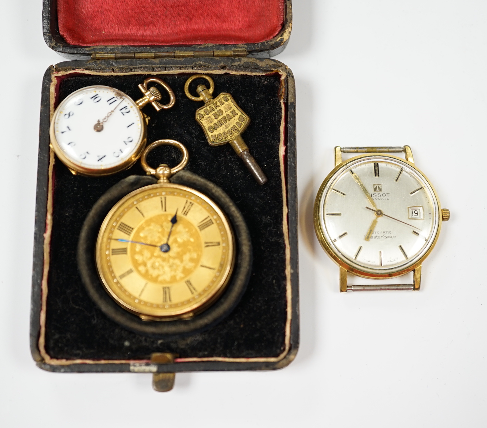 A 14k open faced fob watch, gross weight 29.3 grams, an 18k and gem set fob watch, gross weight 12.3 grams and a gentleman's steel and gold plated Tissot wrist watch (no strap).